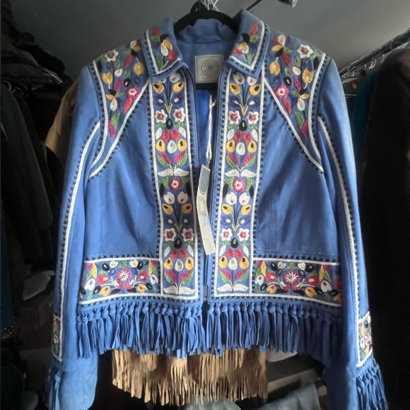 Double D Ranch leather fringe jacket floral embroidered cross stitch RTL $1200 - Picture 4 of 9